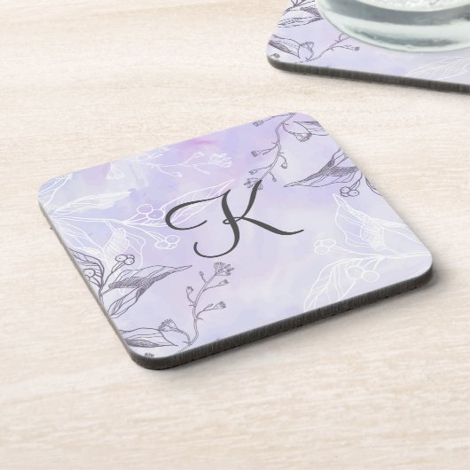 Monogram Script White Gray Lila Floral Getränkeuntersetzer (Linke Seite)