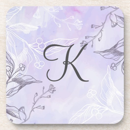 Monogram Script White Gray Lila Floral Getränkeuntersetzer (Vorderseite)