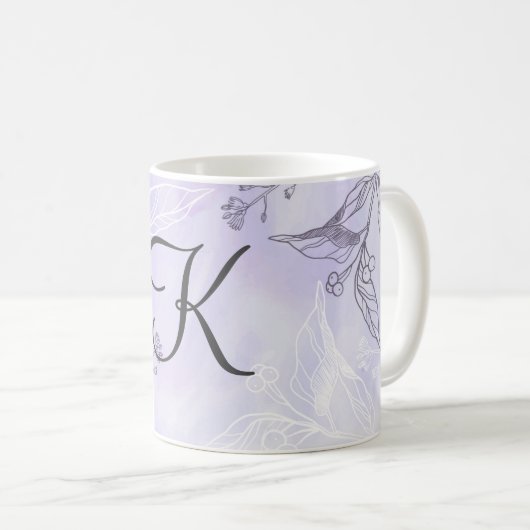 Monogram Script White Gray Lila Floral Kaffeetasse (VorderseiteRechts)