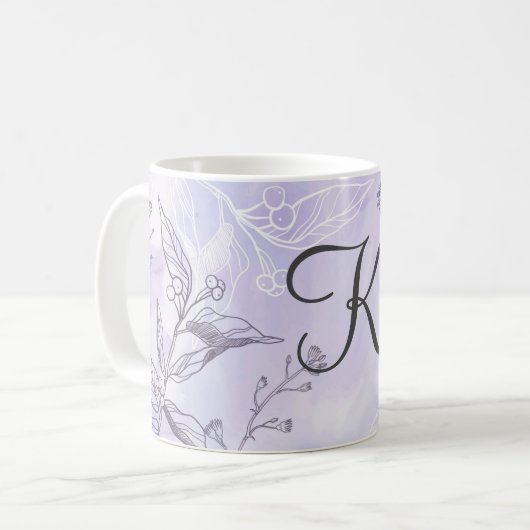Monogram Script White Gray Lila Floral Kaffeetasse (Vorderseite Links)