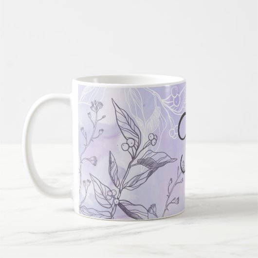 Monogram Script White Gray Lila Floral Kaffeetasse (Links)