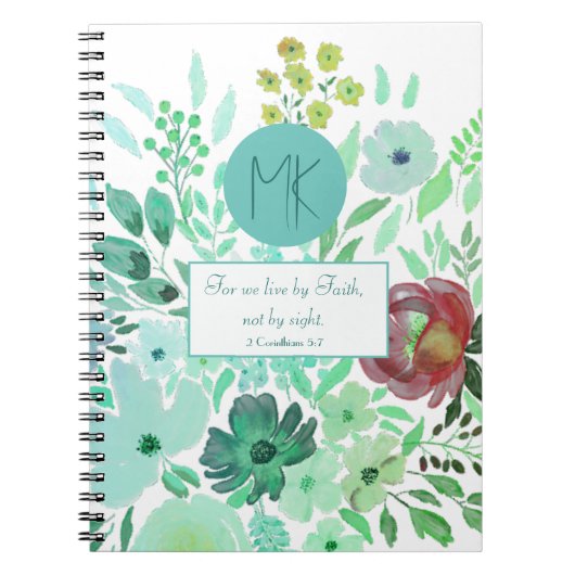 Monogram Scripture Aqua Green Watercolor Floral Notizblock (Vorderseite)