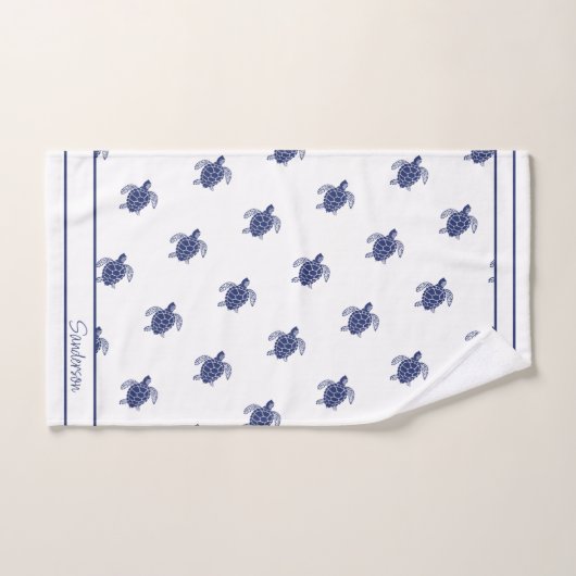 Monogram Sea Turtle Navy Blue White and Nautic Badhandtuch Set (Handtuch)