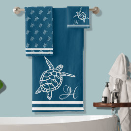 Monogram Sea Turtle Peacock Blue Nausea Coastal Badhandtuch Set