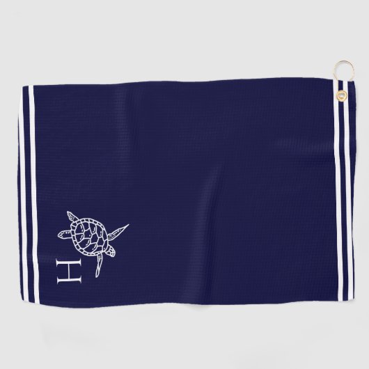 Monogram Sea Turtles Navy Blue Nautical Coastal Golfhandtuch (Horizontal)