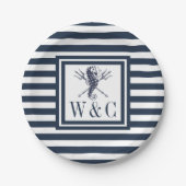 Monogram Seepferd Nautical Navy Blue Strip Pappteller (Vorderseite)