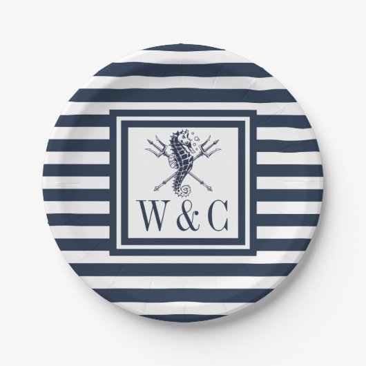 Monogram Seepferd Nautical Navy Blue Strip Pappteller (Vorderseite)
