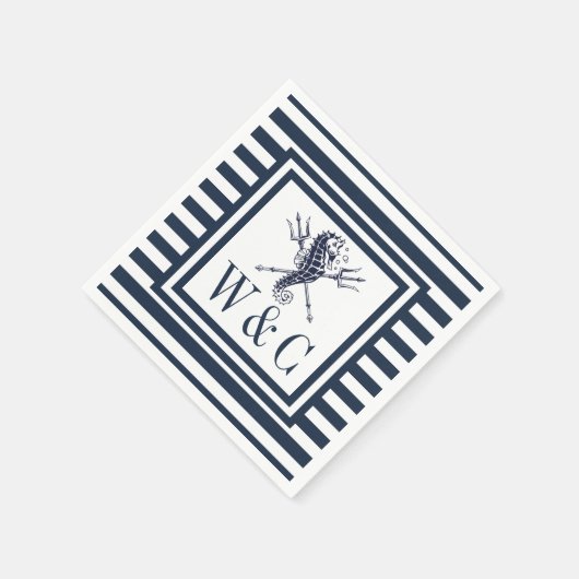Monogram Seepferd Nautical Navy Blue Strip Serviette (Ecke)