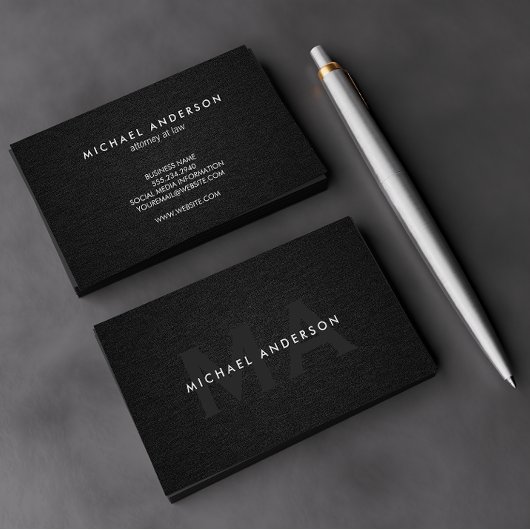 Monogram Serif Corporate Minimal Black Linen Visitenkarte