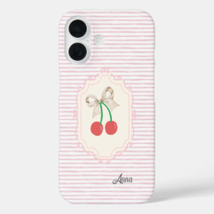 Monogram Shabby-Chic-Rand Süße pinke Kirsche iPhone 16 Hülle