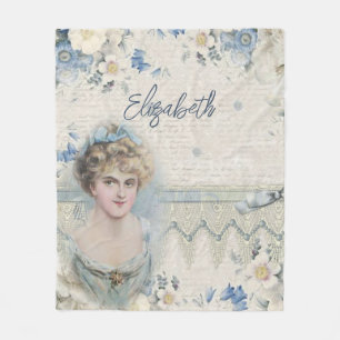 Monogram Shabby Chic Vintag Lady Blue Floral Fleecedecke