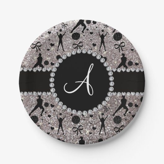 Monogram silber Glitzer Volleyballspieler Pappteller (Vorderseite)