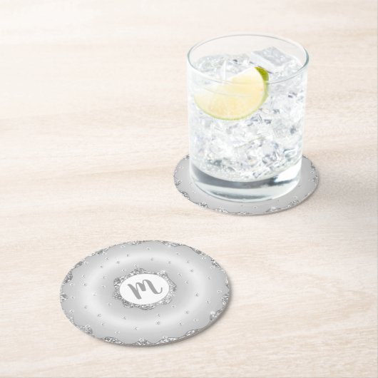 Monogram silberne Glitzer-Dongnut-Chic-Skript mädc Runder Pappuntersetzer (Vor Ort)