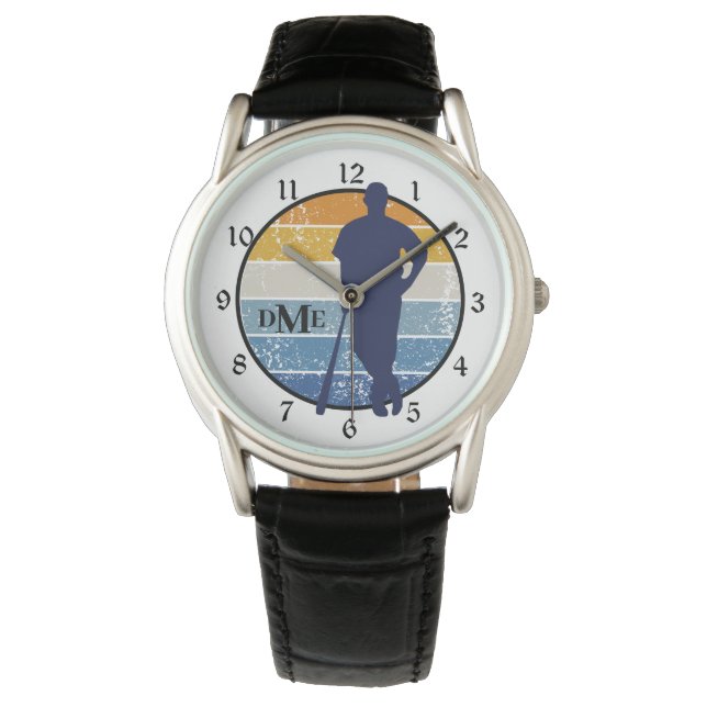 Monogram Silhouette Baseball Player Retro Armbanduhr (Vorderseite)