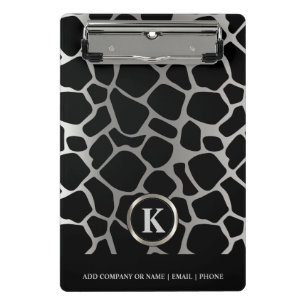 Monogram Silver and Black Giraffe Pattern Mini Klemmbrett