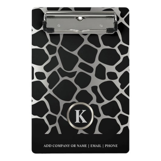 Monogram Silver and Black Giraffe Pattern Mini Klemmbrett (Vorderseite)