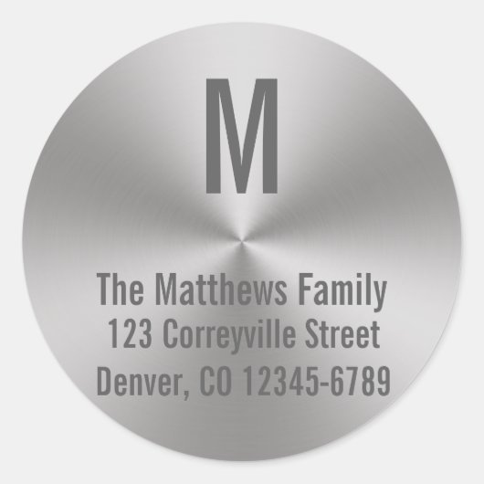 Monogram Silver Brushed Metal Look |Radialadresse Runder Aufkleber (Vorderseite)