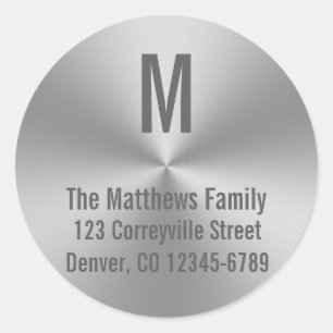 Monogram Silver Brushed Metal Look  Radialadresse Runder Aufkleber