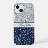 Monogram Silver Dark Blue Glitzer Trendy Chic iPhone 15 Hülle (Rückseite)
