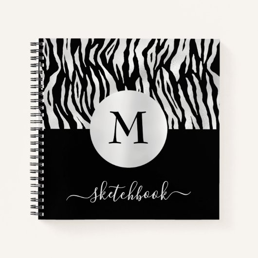 Monogram Silver Foil Black Tiger Print Sketchbook Notizblock (Vorderseite)