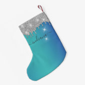 Monogram Silver Glitzer Blue Türkise Ombre Name Kleiner Weihnachtsstrumpf (Rückseite (Hängend))