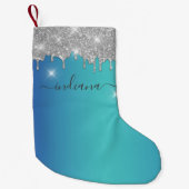 Monogram Silver Glitzer Blue Türkise Ombre Name Kleiner Weihnachtsstrumpf (Vorderseite)