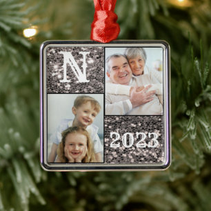 Monogram Silver Glitzer Foto Weihnachtsfeiertag Ornament Aus Metall