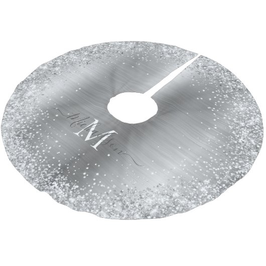 Monogram Silver Glitzer Girly Glam Polyester Weihnachtsbaumdecke (Schrägansicht)