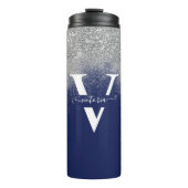 Monogram Silver Glitzer Glitzern Navy Blue Custom Thermosbecher (Vorderseite)