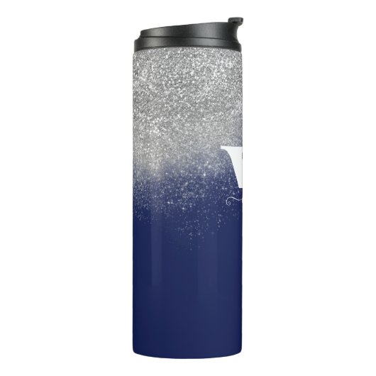 Monogram Silver Glitzer Glitzern Navy Blue Custom Thermosbecher (Nach links gedreht)