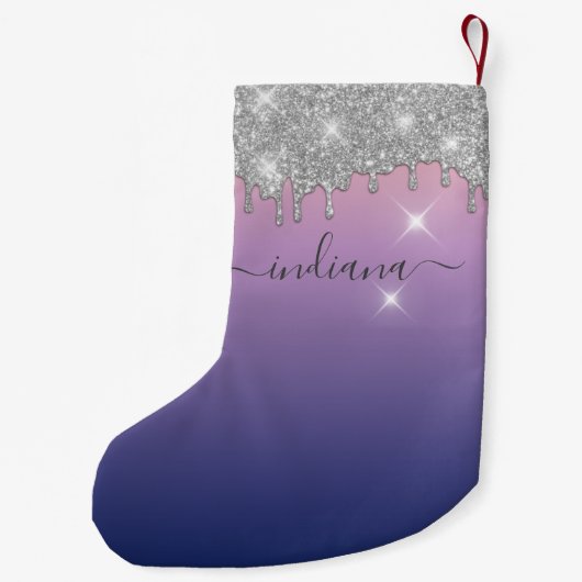 Monogram Silver Glitzer Holiday Keepake Lila Kleiner Weihnachtsstrumpf (Rückseite)