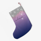 Monogram Silver Glitzer Holiday Lila Ombre Name Kleiner Weihnachtsstrumpf (Rückseite (Hängend))