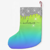 Monogram Silver Glitzer Holiday Script Name Ombre Kleiner Weihnachtsstrumpf (Rückseite)