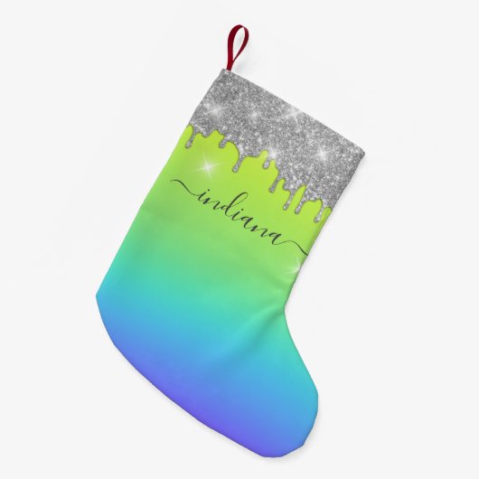 Monogram Silver Glitzer Holiday Script Name Ombre Kleiner Weihnachtsstrumpf (Vorderansicht (hängend))