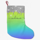 Monogram Silver Glitzer Holiday Script Name Ombre Kleiner Weihnachtsstrumpf (Vorderseite)