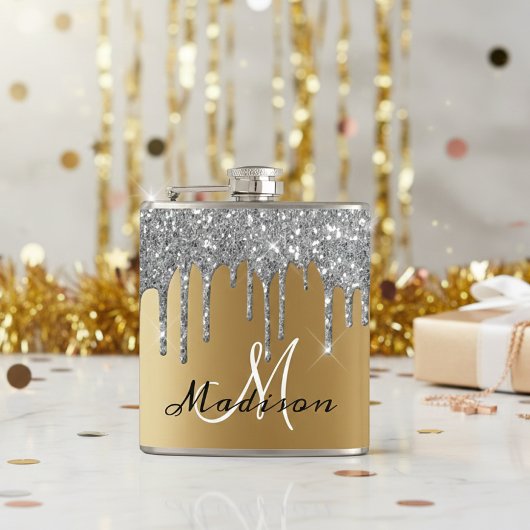 Monogram Silver Glitzer Tropfen Girl Sparkle Flask Flachmann