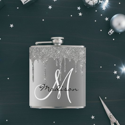 Monogram Silver Glitzer Tropfen Girly Flachmann