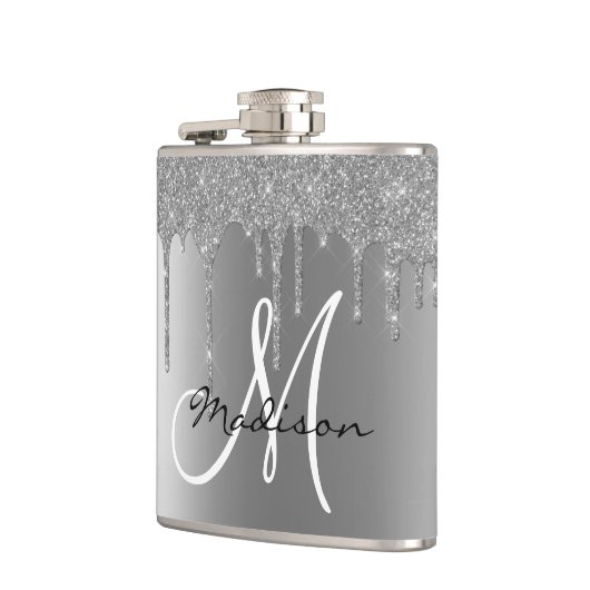 Monogram Silver Glitzer Tropfen Girly Flachmann (Links)