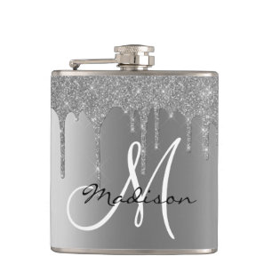 Monogram Silver Glitzer Tropfen Girly Flachmann
