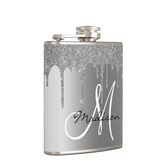 Monogram Silver Glitzer Tropfen Girly Flachmann (Rechts)
