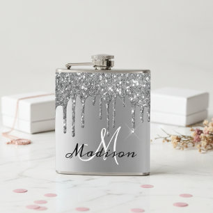Monogram Silver Glitzer Tropfen Girly Sparkle Flachmann