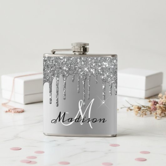 Monogram Silver Glitzer Tropfen Girly Sparkle Flachmann