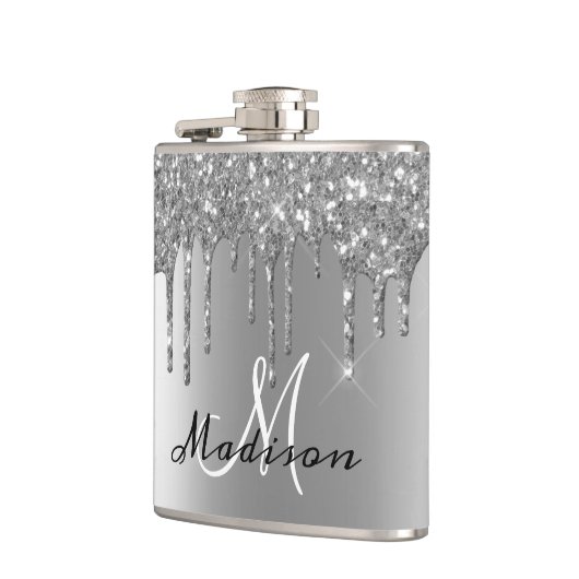 Monogram Silver Glitzer Tropfen Girly Sparkle Flachmann (Links)