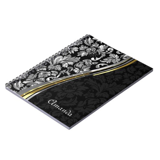 Monogram Silver Grau and Black Damask Notizblock (Linke Seite)