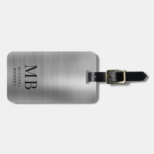 Monogram Silver Graue gebürstete Imitate Metallic Gepäckanhänger (Vorderseite horizontal)