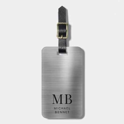 Monogram Silver Graue gebürstete Imitate Metallic  Gepäckanhänger (Vorderseite vertikal)