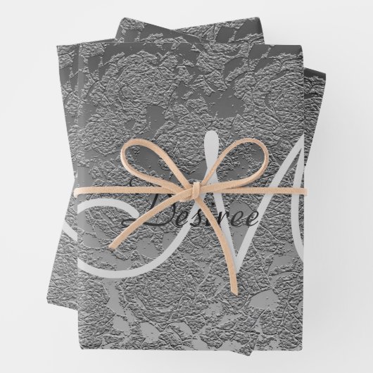 Monogram Silver Gray Elegante Flora Moderne Kunst Geschenkpapier Set (Beispiel)
