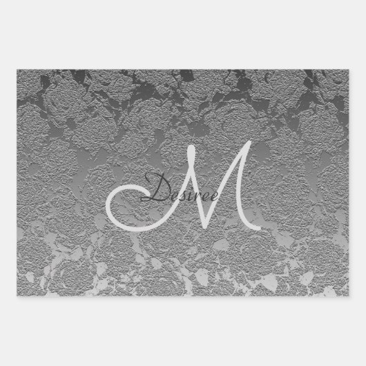 Monogram Silver Gray Elegante Flora Moderne Kunst Geschenkpapier Set (Vorderseite)