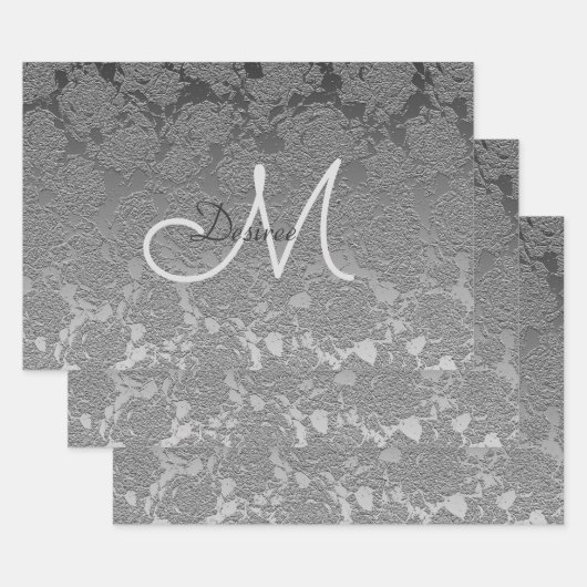 Monogram Silver Gray Elegante Flora Moderne Kunst Geschenkpapier Set (Set)