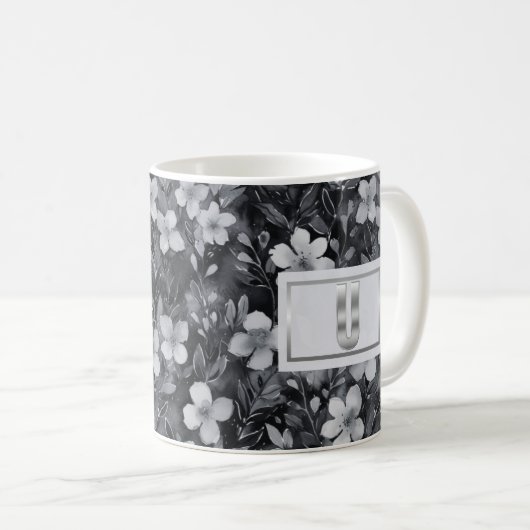 Monogram Silver Letter Floral Aquarell Kaffeetasse (VorderseiteRechts)